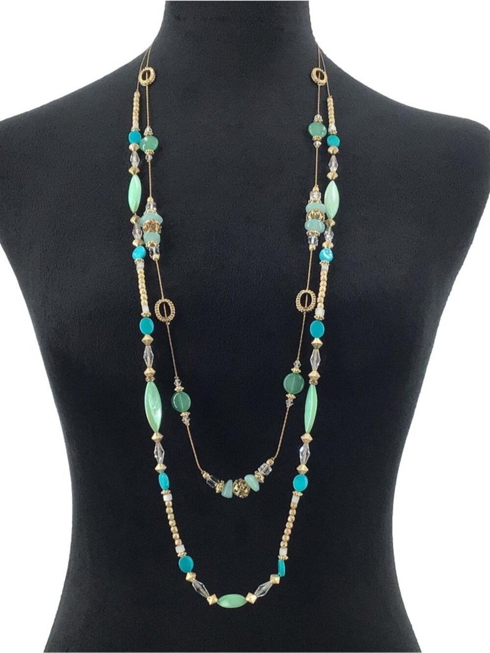 C1946 Necklace Double Strand Layered Beaded Gold Tone Blue Casual Work Wear Boho